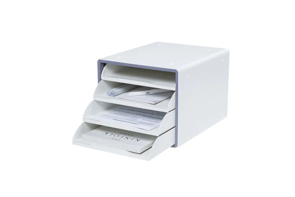 Small storage and desktop organizer for home desktop file organizer grey open drawer