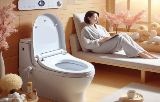 bidet toilet seat from Korea - woman comfortably sitting in a bed next to a bidet seat